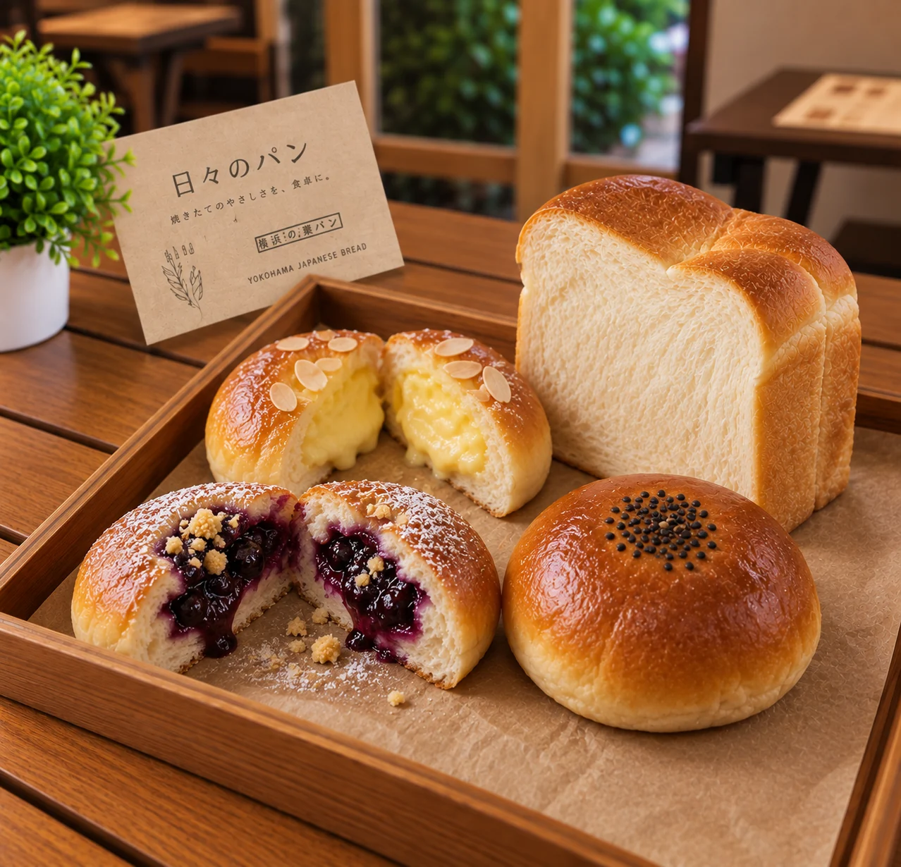 Japanese bread loaf and filled buns arranged on a wooden tray