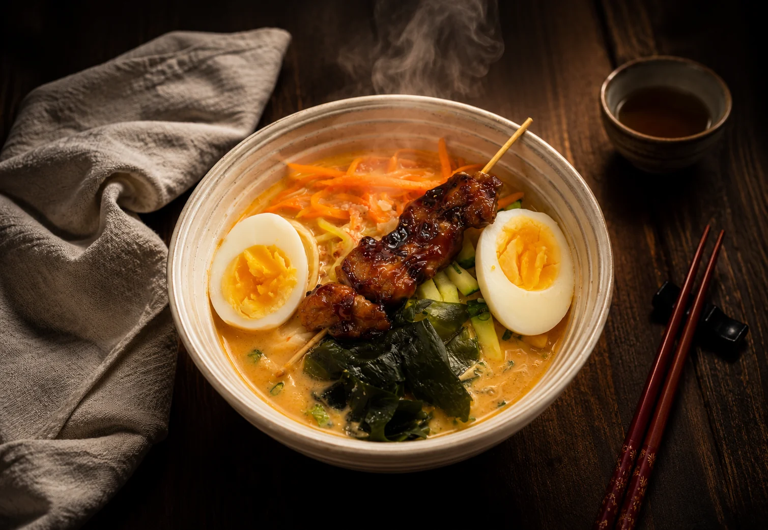 Ramen with egg, vegetables and a glazed skewer